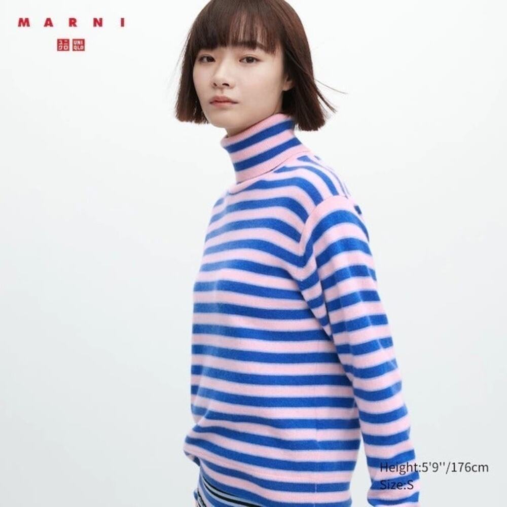 UNIQLO x Marni 100% Cashmere Striped Turtleneck Sweater Pink Blue Size M Scandi